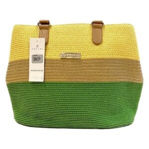 NEW — Amiani Large Straw Beach Tote Bag in Metallic Gold, Green, and Natural